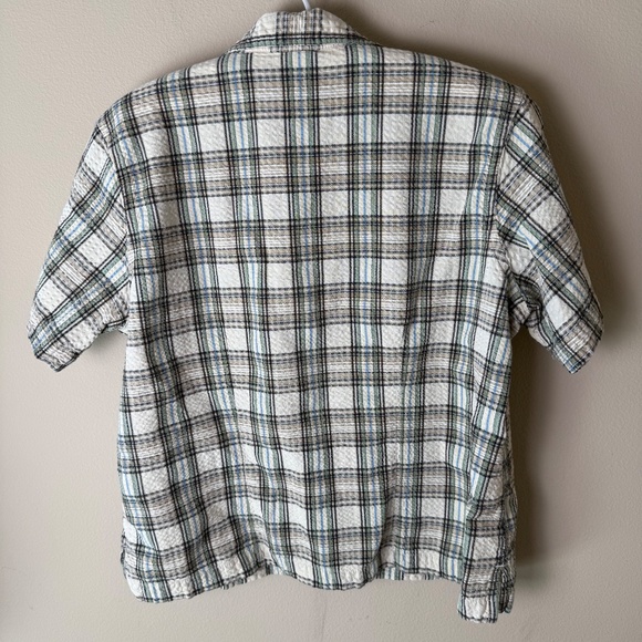 Vintage Erika Seersucker Button Down Shirt Womens Petite XL Tan Plaid Top 90s - Picture 2 of 7